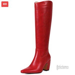 Knee High Boots Square Toe Chunky Heel Wide Calf Side Zipper Comfortable